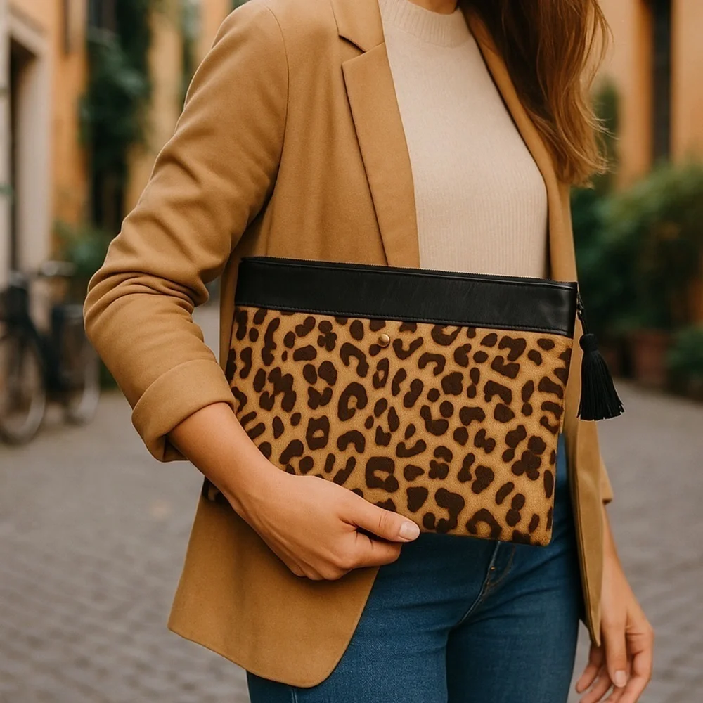 J. Crew Calfskin and Leather Clutch Zipper Pouch Black